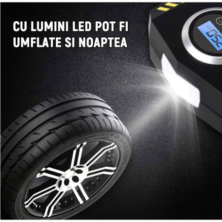 Compresor Auto Portabil cu Lanterna si Afisaj Electornic Flippy, DC 12V, 120W, 35L/min, Cablu de alimentare 3m, Pompa Biciclete, Moto, Mingi, Saltele, Max 10.3bar, lumina LED, Negru