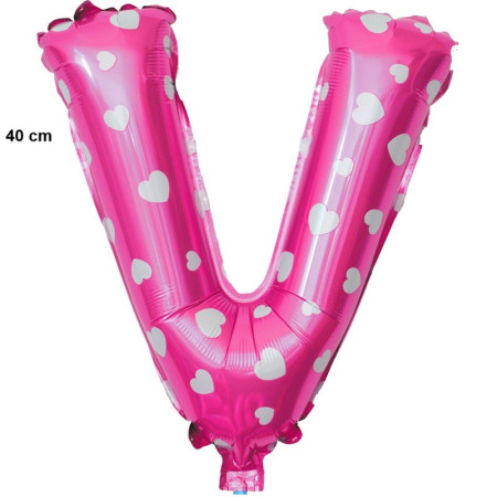 Balon Folie Metalizata Litera V, Flippy, 40 cm, Cu Imprimeu Inimioare, Umflati cu Heliu sau Aer, Ambalaj Individual, Pai inclus, Roz