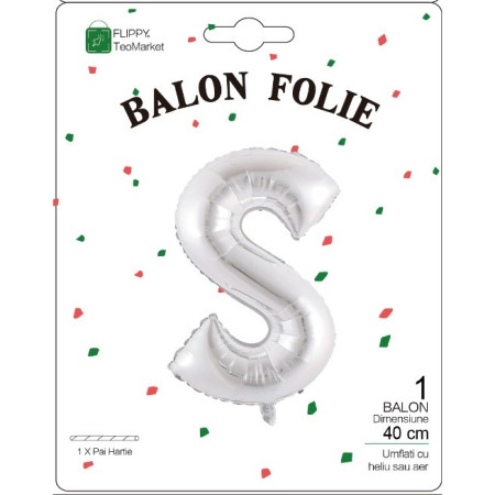 Balon Folie Metalizata Litera S, Flippy, 40 cm, Umflati cu Heliu sau Aer, Ambalaj Individual, Pai inclus, Argintiu