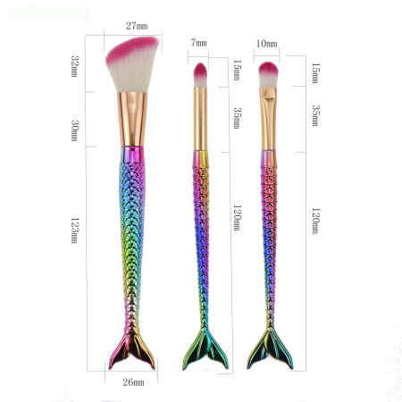 Set 3 Pensule pentru Machiaj Flippy, in Forma de Sirena, Electroplacate, Detalii Fine, Maner Ergonomic, Peri din Fibra Moale, Multicolor