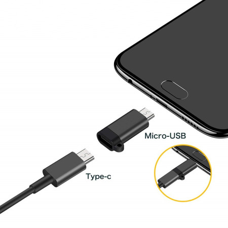 Adaptor Type C (mama) to micro USB (tata) cu Agatatoare Breloc inclusa, 2.5 cm lungime, Negru