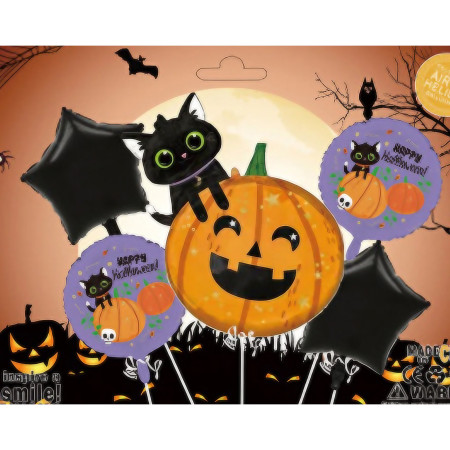 Set 5 Baloane din Folie Metalizata, Flippy, Figurine, Tema Halloween, Pai Inclus, Ambalaj Individual, Umflare cu Aer sau Heliu, Figurina Dovleac si Pisica 84x69 cm, Stelute si Cerculete 45 cm, Multicolor