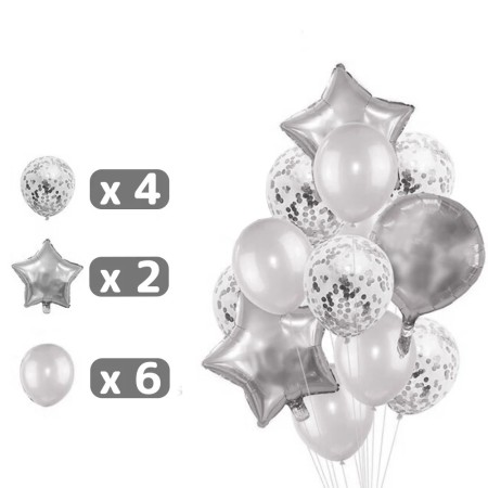 Set 25 de Baloane din Folie Metalizata si Latex, Flippy, Figurine 2 Stele, 4 Baloane Confetti, 13 Litere, 6 Latex, Model Happy Birthday, Tema Aniversare, 40 cm, Ambalaj Individual, Pai Inclus, Umflare cu Aer sau Heliu, Argintiu