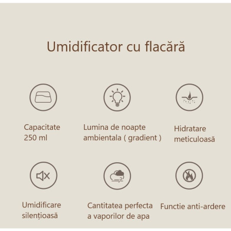 Umidificator de tip flacara, Flippy, cu aromaterapie, 7 culori, 250 ml, negru