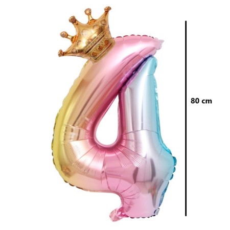 Balon din Folie Metalizata, Flippy, Figurina Cifra Gradient, Tema Aniversare 80 cm, Ambalaj Individual, Pai inclus, Umflare cu Aer sau Heliu, Coronita, Cifra 4