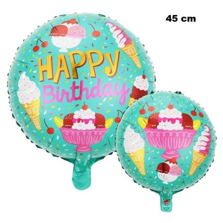 Balon din Folie Metalizata, Flippy, Mini Figurina Rotunda, Model Inghetata, Happy Birthday, Tematica Aniversare, 45 cm, Ambalaj Individual, Pai Inclus, Umflare cu Aer sau Heliu, Verde