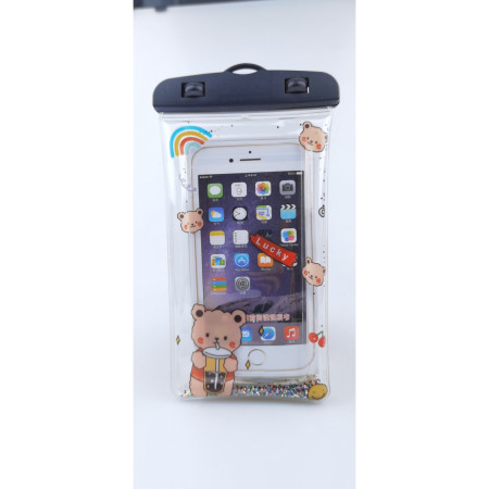 Husa subacvatica Glitter Kids Waterproof Flippy, Snowproof, Universala, cu Snur, pentru telefon sau documente, Lucky Bear, Negru