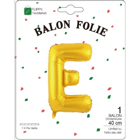 Balon Folie Metalizata Litera E, Flippy, 40 cm, Umflati cu Heliu sau Aer, Ambalaj Individual, Pai inclus, Auriu