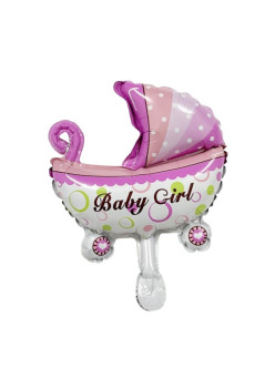 Balon din Folie Metalizata, Flippy, Mini Figurina, Model Carucior Bebelus, Tematica Gender Reveal, 39x29 cm, Ambalaj Individual, Pai Inclus, Umflare cu Aer sau Heliu, Roz