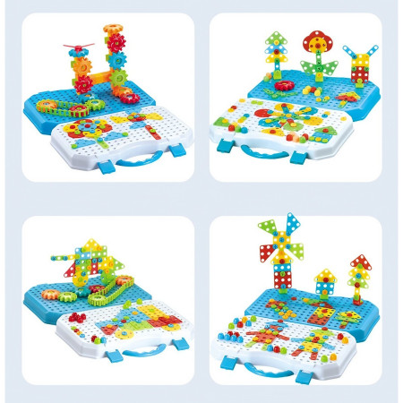 Set Constructie Bormasina Magica cu Servieta, Flippy, 310 Piese, Albastru, Piese Multicolore, Plastic, 31x46 cm