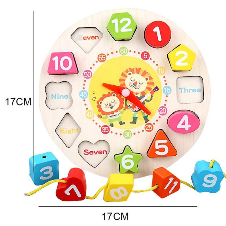 Jucarie Educativa Flippy, Tip Montessori, Model Ceas Leu, din Lemn, + 36 Luni, 12 Piese, 17 cm, Multicolor