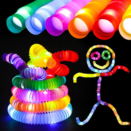 Set 6 Tuburi Antistres, Flippy, cu Lumina LED, Fidget Pop Tube, multicolor