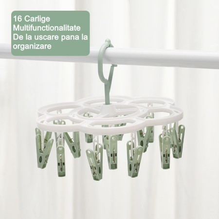 Uscator de Rufe Suspendat Flippy, cu 16 Carlige, Rotire 360 Grade, Mateiral Plastic, Usor de Depozitat, Multifunctional, 26 x 21 cm, Verde