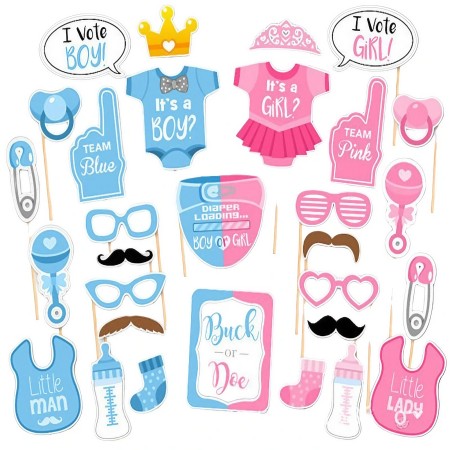 Set 43 de Accesorii pentru Petrecere, Flippy, Props pentru Coltul de Poze, Gender Reveal, Tematica Baby Shower, Albastru-Roz