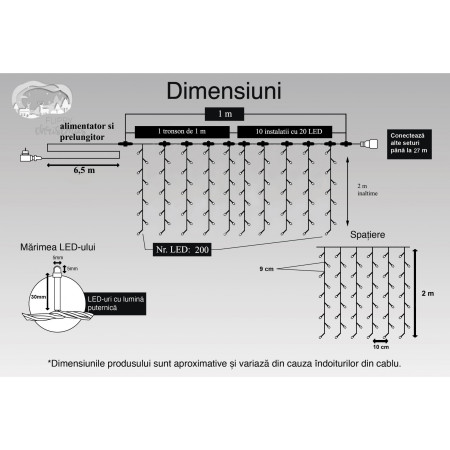 Instalatie Craciun Profesionala de Exterior IP65, Tip Perdea, 1m x 2m, 200 Led-uri Mari, Alb rece, cu flash, Alimentator si prelungitor 6,5 m, Interconectabila, Fir negru, Flippy