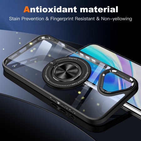 Husa de Protectie TPU, Flippy, pentru iPhone 16, Anticadere, cu Incarcare Wireless, Tehnologie Magsafe, Inel Magnetic Rotativ cu Functie de Suport, Transparent-Negru