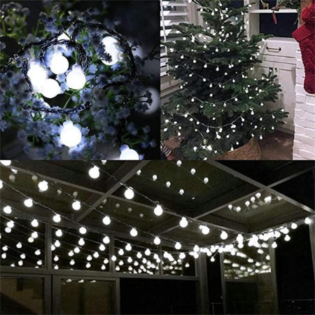 Instalatie Craciun, 12 metri, 100 de LED-uri cu ornament tip Bulb, 8 jocuri de lumini alb rece, cu energie solara, liniar, interior/exterior, Flippy