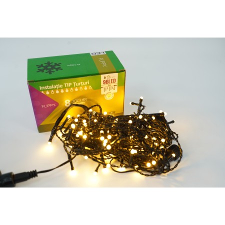 Instalatie de Craciun Flippy® Tip Turturi, 8 jocuri de lumini Sectiune 3 m, 96 LED-uri, Interconectabila, Fir Negru, Alb Cald