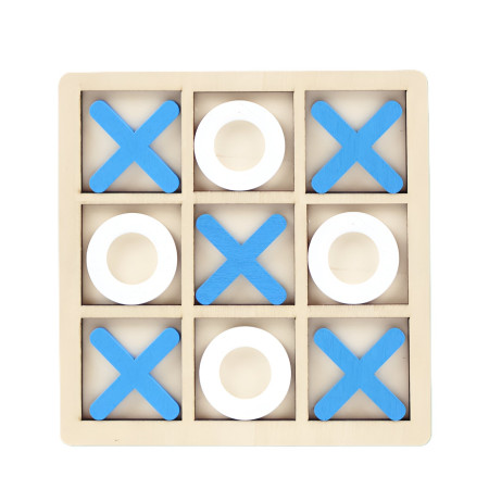 Jucarie Montessori Tic Tac Toe, Flippy, Educativa, Interactiva, din lemn, X si O, 9 Piese, 14.3x14.3 cm, Albastru Alb