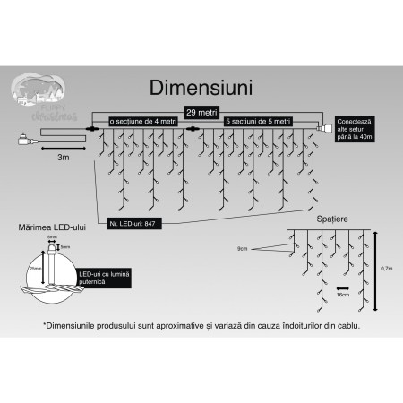 Instalatie Craciun, 15 m, 429 Led-uri ,Franjuri, Rosu / Verde/ Albastru, Flash, Transformator cu telecomanda, Interconectabila, Prelungitor 3 m inclus, Fir Alb, Flippy