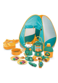 Set camping exterior/interior pentru copii, 7 accesorii cu tematica si cort, multicolor