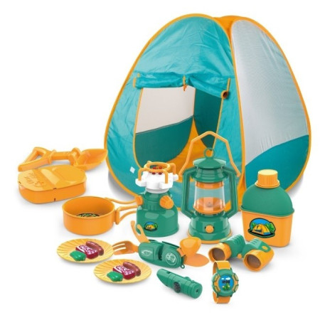 Set camping exterior/interior pentru copii, 7 accesorii cu tematica si cort, multicolor