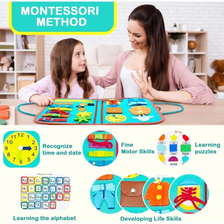 Carte Senzoriala Educativa Montessori, Flippy, cu Activitati, Dezvoltare Abilitati Motorii, 4 Pagini, Model Spatiu Cosmic, 28x22x7 cm, Albastru