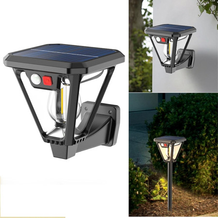 Lampa Solara LED, Flippy, Tip Felinar, pentru Perete/Sol, 10.8 x 12.3 x 46 cm, 3 Moduri, Lumina Calda, din ABS si PP, Negru