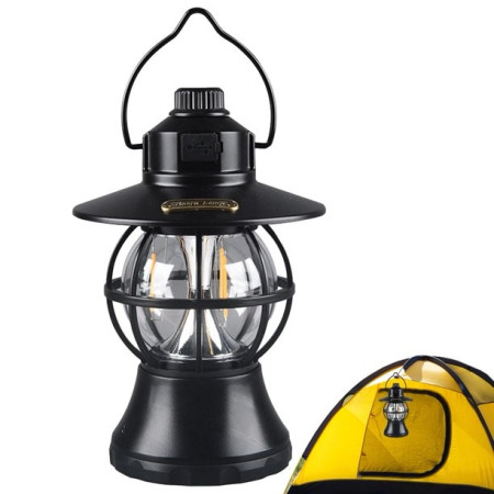 Lampă de camping retro portabilă, Felinar Vintage LED ABS, Acumulator inclus 1200 mAh, reincarcabila, 20 cm inaltime, 3 moduri de iluminare, intensitate reglabila,Lampa portabila pentru cort în aer liber, Negru