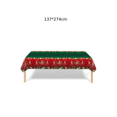 Fata de Masa Festiva, Flippy, Dreptunghiulara, Imprimeu Merry Christmas, Tema Craciun, Rezistenta la Apa, din PVC, 137 x 274 cm, Rosu/Verde