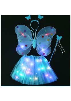 Costum Fluturas cu Aripi Modelabile Luminoase pentru Copii, Flippy, Fusta din Tul cu Lumini, Bagheta si Bentita, 4 piese, Pentru Halloween, Cosplay, Craciun, Carnaval, Paste, Ziua Copilului, Bumbac/Poliester, Marime universala, Albastru