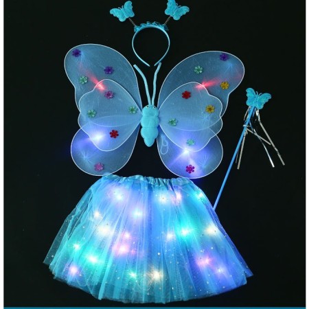 Costum Fluturas cu Aripi Modelabile Luminoase pentru Copii, Flippy, Fusta din Tul cu Lumini, Bagheta si Bentita, 4 piese, Pentru Halloween, Cosplay, Craciun, Carnaval, Paste, Ziua Copilului, Bumbac/Poliester, Marime universala, Albastru