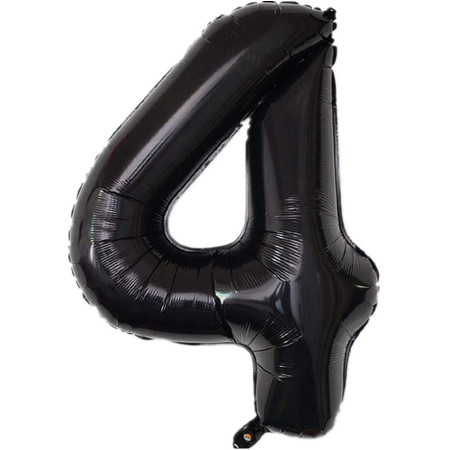 Balon din Folie Metalizata Flippy, Figurina Cifra, Tema Aniversare 40 cm, Ambalaj Individual, Pai inclus, Umflare cu Aer sau Heliu, Negru, Cifra 4