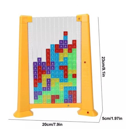 Joc de inteligenta Tetris puzzle tangram Flippy, 70 de piese multicolore, 3D, montessori, interactiv, din plastic, zar inclus, sac depozitare piese, varsta peste 6 ani, 23 x 19.8 x 5 cm, cadru galben