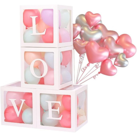 Set 4 Cutii pentru Baloane, Flippy, Model Scris Love, Tematica Iubire, Cuburi Decorative din Plastic, Accesorii pentru Petrecere, 30 x30 cm, Transparente Contur Alb