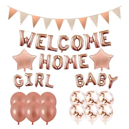 Set 16 piese baloane folie si latex, 12 baloane latex, 2 baloane folie, 1 set Welcome Home Baby Girl,1 Banner, Rose gold