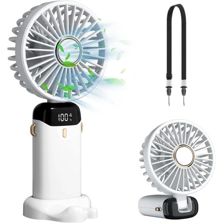 Ventilator Ultra Portabil cu Aromaterapie, Flippy, 3 in 1, de Mana, de Birou, de Gat, 5 Trepte de Viteza, Incarcare USB, Autonomie 12h, Pliabil, cu Ecran LCD, Alb