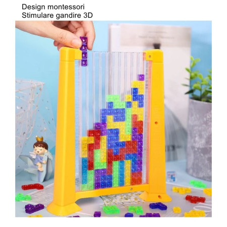 Joc de inteligenta Tetris puzzle tangram Flippy, 70 de piese multicolore, 3D, montessori, interactiv, din plastic, zar inclus, sac depozitare piese, varsta peste 6 ani, 23 x 19.8 x 5 cm, cadru galben