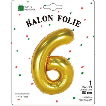 Balon din Folie Metalizata Flippy, Figurina Cifra, Tema Aniversare 80 cm, Ambalaj Individual, Pai inclus, Umflare cu Aer sau Heliu, Auriu, Cifra 6