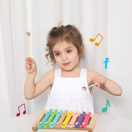 Instrument Muzical Xilofon Flippy, din Lemn, 8 Note Muzicale, 2 Bete de Percutie, 4-6 Ani, Multicolor Pastel