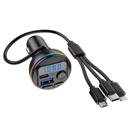 Incarcator Auto cu MP3 Player, Flippy, Port USB Fast Charge QC3.0 si Type C, PD 20W, Bluetooth, 3 Mufe de Incarcare, Negru