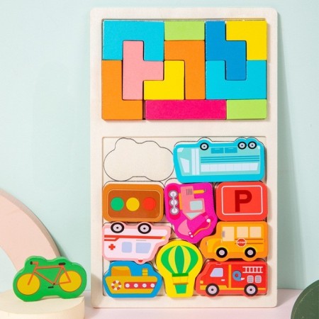 Puzzle Montessori din Lemn pentru Copii, Flippy, Tip Tetris 2in1, +3 Ani, cu Masini Colorate 3D, Educativ, Intuitiv, Creativ, 21 de Piese, 28.5x17x1.2 cm, Multicolor