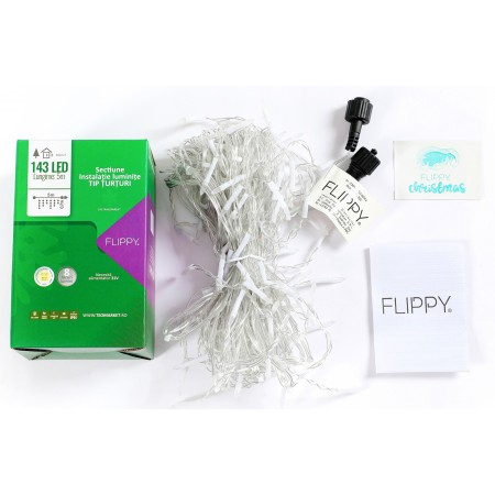 Componenta Instalatie de Craciun Flippy® Tip Franjuri, 8 jocuri de lumini, Sectiune 5 m, 143 LED-uri, Interconectabila, Fir Transparent, Alb Cald