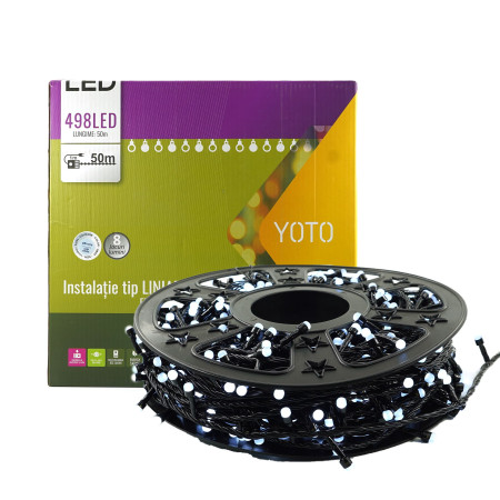 Instalatie de Craciun Liniara Yoto, 50 m, 1 m Prelungitor 220V, 498 LED, 8 Jocuri de Lumini, Controler, Fir Negru, Utilizare Interior/Exterior, Protectie anti-inghet, Fir Cupru, Alb Rece