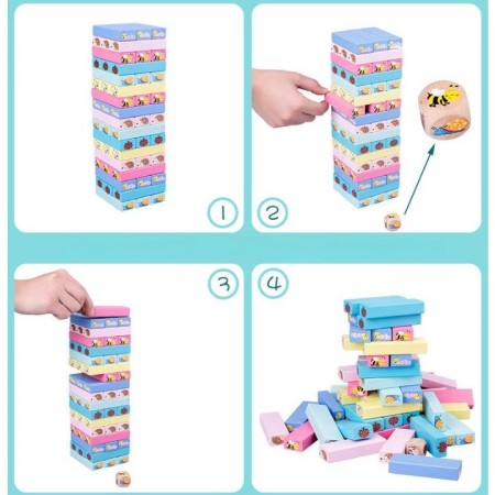 Joc de Societate, Flippy, pentru Copii, din Lemn, Interactiv, Distractiv, Jenga Stack High Blocks, cu Zar, 51 de Piese Animate, 24.5x18x5 cm, Multicolor