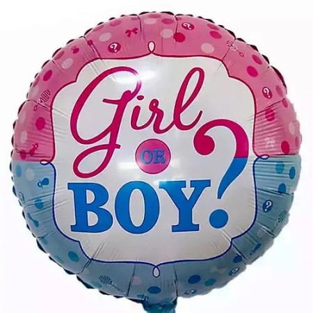 Balon din Folie Metalizata, Flippy, Figurina Rotunda, Model Girl or Boy, Tema Gender Reveal, 45 cm, Ambalaj Individual, Pai Inclus, Umflare cu Aer sau Heliu, Albastru/Roz