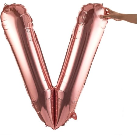 Balon Folie Metalizata Litera V, Flippy, 80 cm, Umflati cu Heliu sau Aer, Ambalaj Individual, Pai inclus, Rose Gold