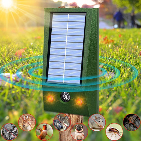 Aparat Solar LED cu Ultrasunete, Flippy, Repelent pentru Animale Mari si Mici, Lumina Rosie si Alba, Anti Rozatoare, Anti Insecte, Frecventa 9-36.5KHZ, 12 X 6.5 cm, Verde