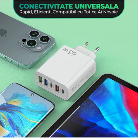 Incarcator Retea, Flippy, 5 Porturi, 65W Fast Charge, 3 x USB, 2 x Type-C, Universal Compatibil iPhone, Huawei, Samsung, Xiaomi, Alb