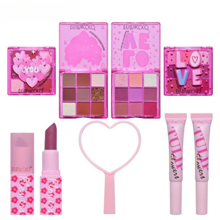 Set de Machiaj, KEVIN & COCO, 22 Culori, Model Lalele, 2 Palete de Farduri, 2 Lip Gloss-uri, 2 Lip Stick-uri, 1 Oglinda Inimioara, 15.7 x 21 x 4 cm, Multicolor